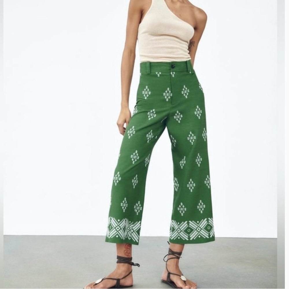 Zara Embroidered Linen Cropped Wide Leg Trousers Sz S Resortwear Beachy Green